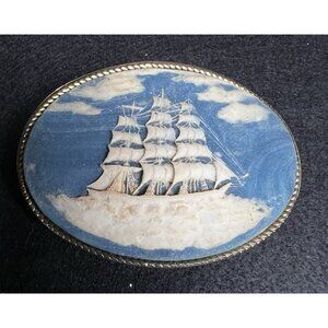 Vintage Incolay Brass & Hand Carved Stone Cameo Belt Buckle Clipper Ship